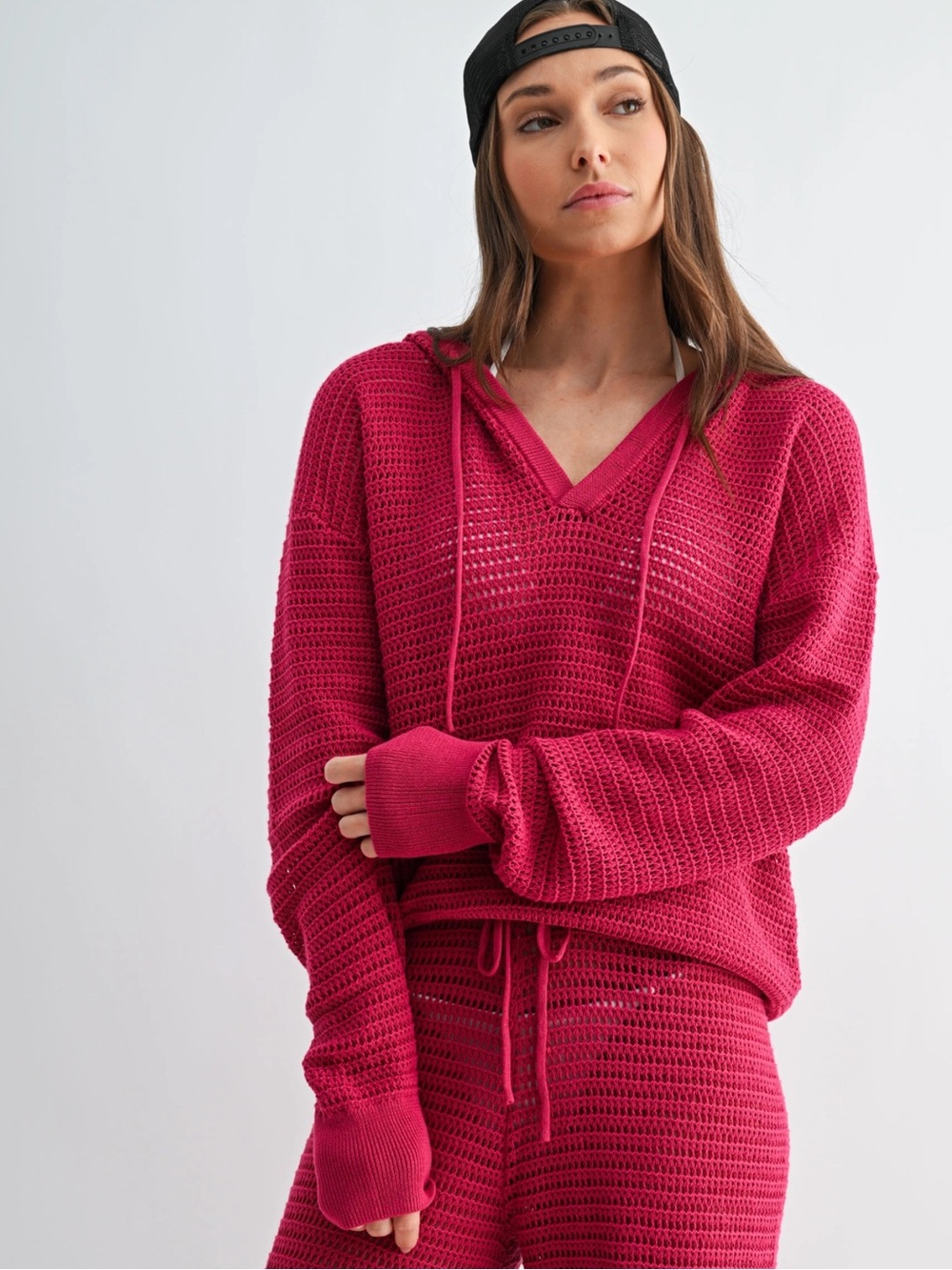 Magenta Crochet Knit Hoodie Beach Sweater
